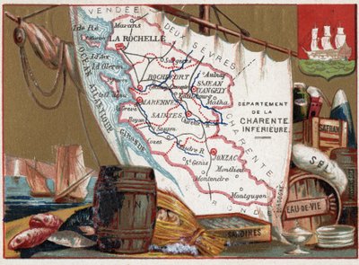 La Charente Inferieure, Poitou Charentes, Frankrig. Vin, brandy, sardiner, salt, safran, tørfisk, ca. 1920 af Unknown Artist