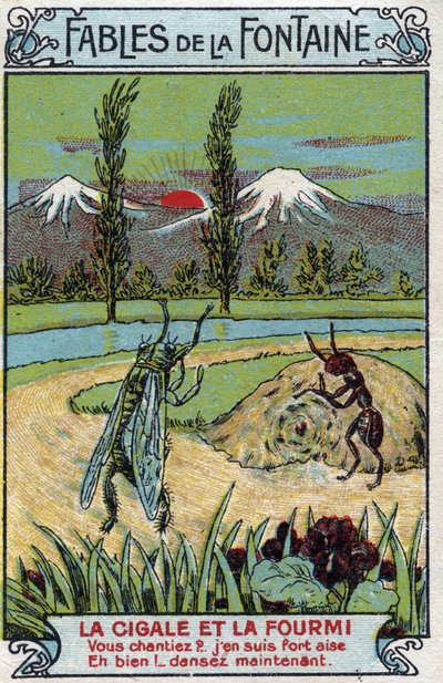 La Cigale et la Fourmi - Fabler af Jean de La Fontaine (1621-95) - Kromolitografi af slutningen af det 19. århundrede privatsamling af Unknown artist
