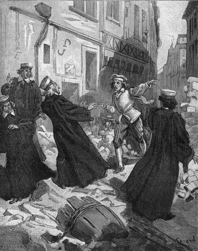 La Fronde (27. august 1648) - barrikader i Paris: en rotordreng, der truer parlamentets præsident, Mathieu Molé (1584-1656). Indgravering af det 19. århundrede. I "Histoire de France" af Jules Michelet af Unknown artist