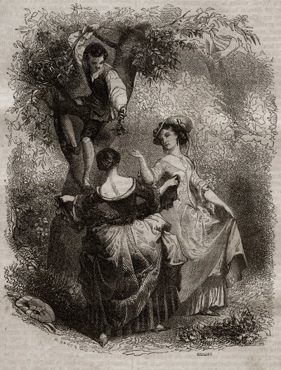 Plukke kirsebær - Illustration til skriftemål" af Jean-Jacques (Jean Jacques) Rousseau (1712-1778) - gravering af 1849 af Unknown artist