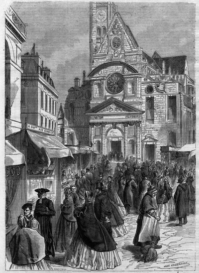 Novenen i Saint Genevieve ved Saint Etienne du Mont (Saint-Etienne-du-Mont) i Paris - Indgravering i "" Le Journal Illustrée"" af Unknown artist
