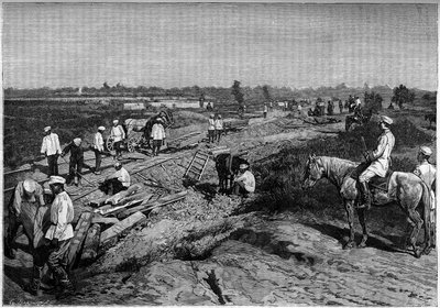At lægge skinnerne til Transcapien-jernbanen. Indgravering i tidsskriftet "La jeunesse"" af Unknown artist