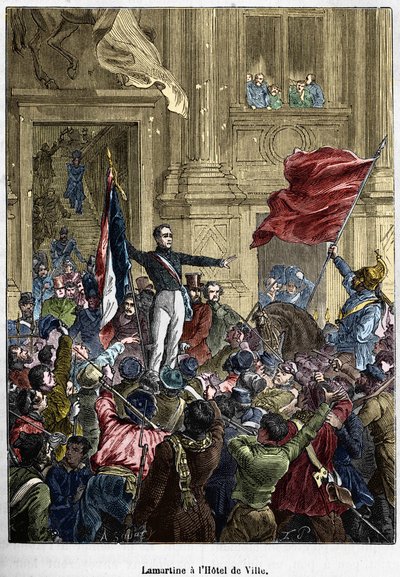 Lamartine (1790 - 1869), nægtede det røde flag til det trefarvede flag, på rådhuset. Paris, 26. februar 1848. Bianchetti-samling. af Unknown artist