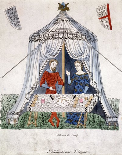 Lancelot og Guineèvre spiser under et telt, udtrukket fra "Lancelot du lac", efter dokument fra 1370. af Unknown artist