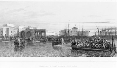 Franskmændenes landgang ved Civitavecchia nær Rom i 1849. af Unknown artist