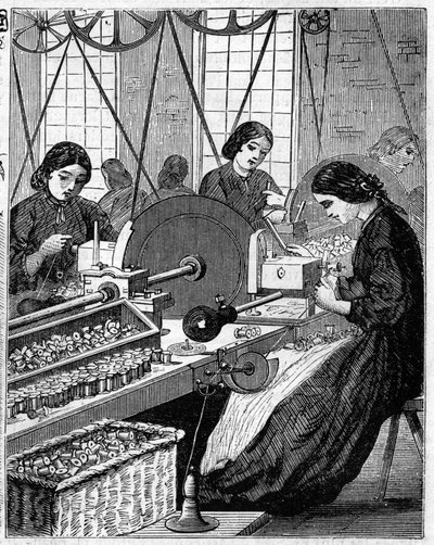 Store engelske industrier: Walter Evans bomuldsspinding i England i 1863. Trådindpakning. af Unknown artist