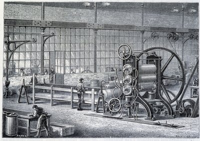 Stort valseværk til at reducere blokke af renset gummi til plader - i "" Industriens vidundere"" af Louis Figuier af Unknown artist