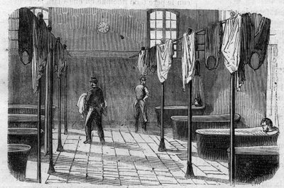 Sainte Anne (Sainte-Anne) asyl i Paris: badeværelset - gravering i ""Le Journal Illustrée"" af Unknown artist
