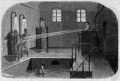 Sainte Anne (Sainte-Anne) asyl i Paris: Hydroterapi - gravering i ""Le Journal Illustre"" af Unknown artist