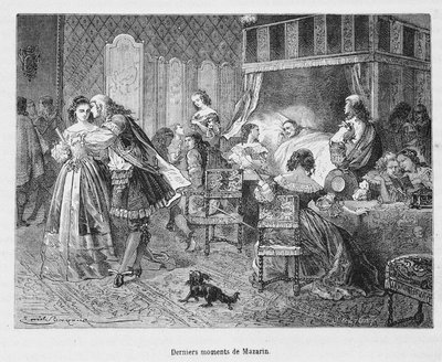 Sidste øjeblikke af Mazarin (1602 - 1661). Illustration i "" Popular History of France "" af Henri Martin. af Unknown artist