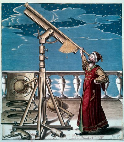 Astronomen: en mand ser stjernerne i den astronomiske ramme - Engraving du 17eme century - Paris, B.N. - Astronom: En mand ser på stjernerne i teleskopet - Gravering af Unknown artist