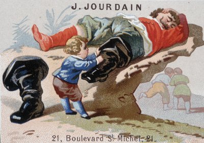 Le Petite Poucet fjerner sine syv-ligastøvler med asoupi ogre - Reklamemærket Jourdain af Unknown artist