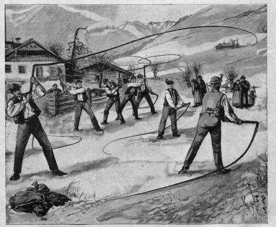 Le clackers du salzkammergut - salzkammergut: Flere søndage efter nytår knækker de unge mænd i Salzburg (Østrig) piske for at vække naturen af sin vintersøvn - gravering 1897 af Unknown artist