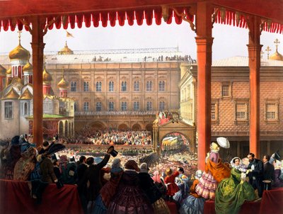 ""Kroningen af ​​kejser Alexander II (1818-1881) den 18.02.1855"" Udsigt over folkemængden - Anonym litografi af Unknown artist