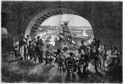 Undersiden af ​​vandfaldet i Trocadero-haven under den store varme i Paris, hvor parisiske vandrere kommer for at sidde i det kølige. Indgravering i ""The Illustrious World"" af Unknown artist
