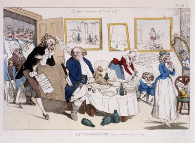 Le gourmand (måltid af Louis XVI og Marie Antoinette under flyveturen til Varennes) - i "" Musée de la caricature"" af Unknown artist