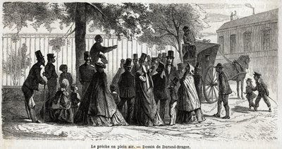 Le preche en plein air, i London, tegning af Durand Brager, for at illustrere En udflugt til Londons fattige kvarterer, i 1862, af L.Simonin. Indgravering i "" Le tour du monde"", redigeret af Edouard Charton af Unknown artist