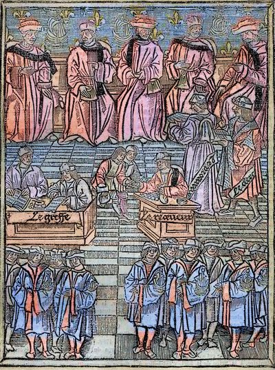 Le prevot des marchands et les echevins de Paris au 16eme århundrede gravering efter originalen fra 1528 - Provost for købmænd og rådmænd i Paris, scene for skatteopkrævning, titelblad fra 