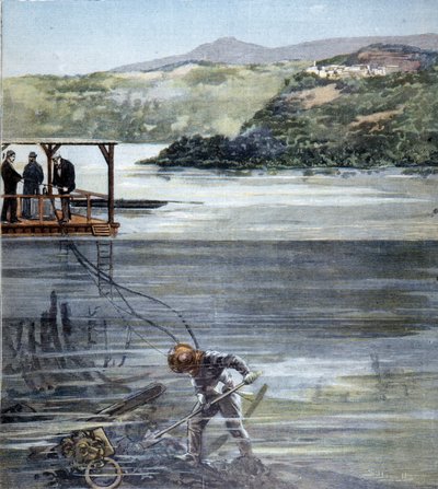 Dykkeren Paolo Pardi arbejdede på romerske både i Nemi-søen med Siebe-dykkeren i 1893. af Unknown artist