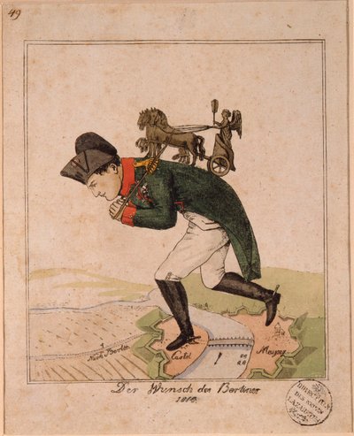 ""Berlinernes ønske"" (Berlinernes ønske) Karikatur, der repræsenterer kejser Napoleon I (1769-1821) bærende på ryggen af ​​Brandenburger Tors quadriga for at krydse Mainz under belejringen af ​​fæstningen Anonym karikatur af Unknown artist