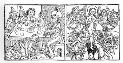 Til venstre: Den hellige Maria Magdalene tørrer Jesu fødder med sit hår. Til højre: Sankt Maria Magdalena stiger op til himlen. Manuskript fra 1488 trykt i Nürnberg. Gravering fra "Leben der Heiligen - sommerteil" (Helgenbogen) af Jacobus (James) af Vora af Unknown artist