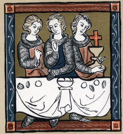Legend Arthurian: Galahad (Gaalad eller Galaad), Perceval og Bohort (Bors eller Borrt) med den hellige gral. I "History of French Literature" af Hermann Suchier af Unknown artist