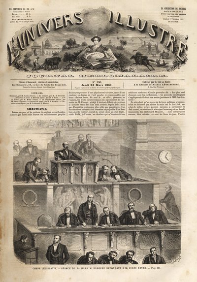 Lovgivende organ - samling den 14. marts 1861 - Pierre Jules Baroche (1802-1870) svar på Jules Favre (1809-1880) - det illustere univers i 1861 af Unknown artist