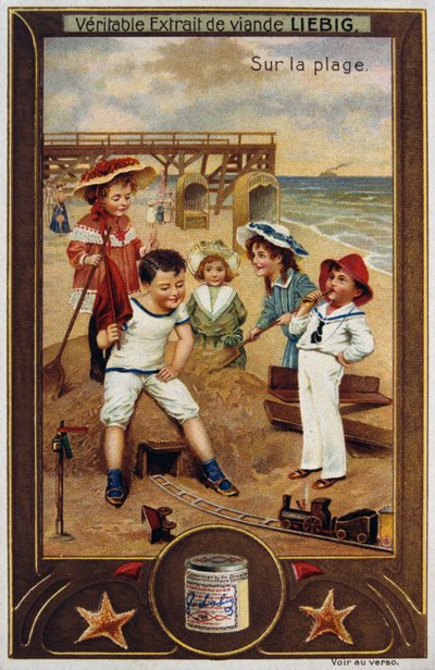 Leibig-kort med franske børn på stranden 1890 af Unknown artist