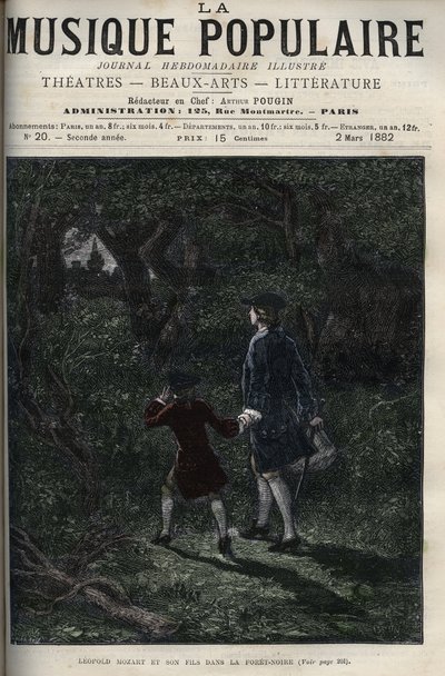 Leopold Mozart og hans søn Wolfgang Amadeus i den sorte skov - Leopold Mozart og hans søn Wolfgang Amadeus i den sorte skov i Tyskland - indgravering i "" Populærmusik""" berømte ugeavis - 1882 af Unknown artist