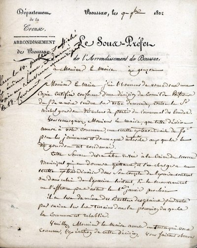Brev fra underpræfekten i Creuse (arrondissement Boussac) til borgmesteren i Gouzon, 9. september 1822 af Unknown artist