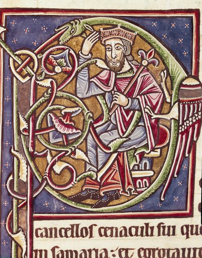 Lettrine P dekoreret af repræsentationen af kongen af landet Moab Miniature from a Bible (Ms 3088) Coimbra fra det 12. århundrede, universitetets bibliotheque af Unknown artist