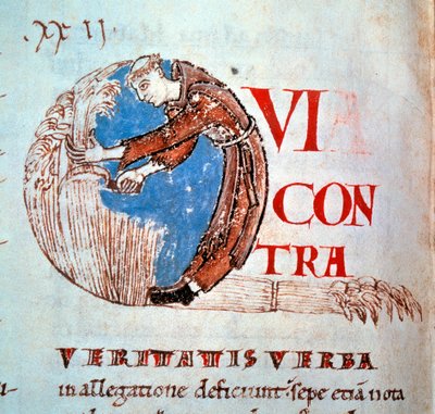 Lettrine "" Q"" repræsenterer en munk, der slår bleserne. Miniature taget fra "Moralia in Job"" af Gregoire I said the Great or Dialogue (532-604) af Unknown artist
