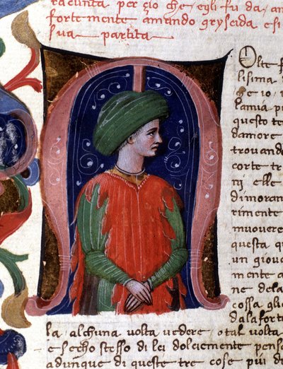 Lettrine "" m" og miniature, der forestiller sofisten, Philostrate. Manuskript af Boccacio (Boccace) af Unknown artist