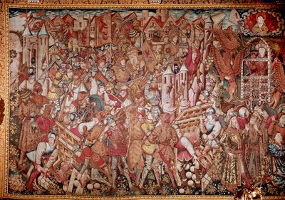 Alexander den Stores (356-323 f.Kr.), konge af makedonsk, liv og bedrifter. 1400-tals gobelin. Rom, Galleria Doria Pamphili af Unknown artist