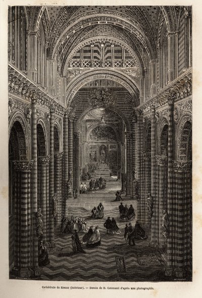 Det indre af katedralen i Siena, gravering for at illustrere en rejse til Siena (Italien) i 1865, i "Le tour du monde, nouveau journal des voyages" udgivet under ledelse af Edouard Charton af Unknown artist