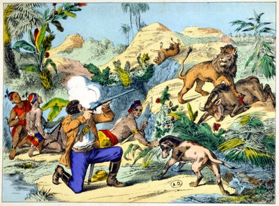 Løvejagt i det sydlige Afrika. 1800-tals gravering. af Unknown artist