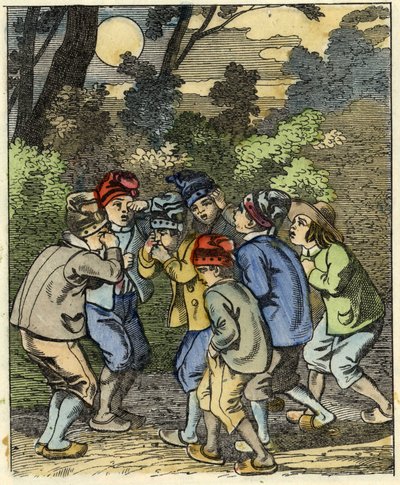 Lille Poucet og hans brødre Lost in the Forest. Illustration af fortællingen "" Le Petit Poucet"" af Charles Perrault af Unknown artist