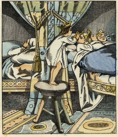 Lille Poucet sætter kronerne af troldens syv døtre på hovedet af sine brødre. Illustration af fortællingen "" Le Petite Poucet"" af Charles Perrault af Unknown artist
