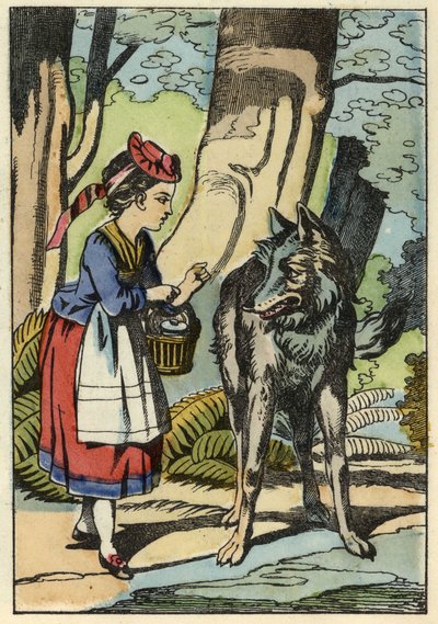 Rødhætte møder ulven i skoven. Illustration af fortællingen "Den Lille Rødhætte" af Charles Perrault af Unknown artist