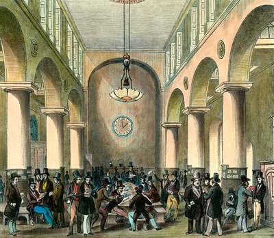 London Stock Exchange: Børs i London i det 19. århundrede. Gravering. Privat samling. af Unknown artist