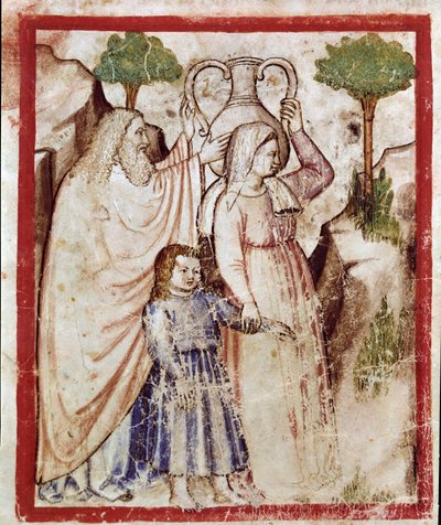 Loth tager til bjerget med sine døtre for at undslippe Sodomas ødelæggelse. Døtrene vil beruse deres far Miniature fra codex 212 (eller padovano codice eller Bible of Padua) 1390-1400 Rovigo, Accademia dei Concordi af Unknown artist