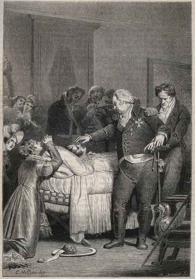 Ludvig XVIII ved hertugen af ​​Berrys dødsleje - Hertugen af ​​Berrys sidste øjeblikke den 13. februar 1820 (1778 - 1820) i Paris Opera omgivet af Ludvig XVIII og den kongelige familie - indgravering i "Histoire de France fortæl til min børnebørn” af Unknown artist