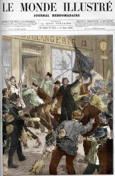 Louise Michel (1833-1905), en fransk revolutionær, viftede med et sort flag påskrevet "brød eller død", under plyndringen af et bageri under arbejderdemonstrationen den 9. marts 1883 i Paris. af Unknown artist