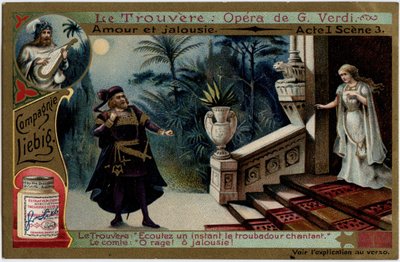 Love and Jalousy Act I Scene 3. Illustration til operaen "" Fundet"" (Il trovatore) af Giuseppe Verdi (1813-1901). Kromolitografi (Chromo) Liebig fra slutningen af 1800-tallet. af Unknown artist