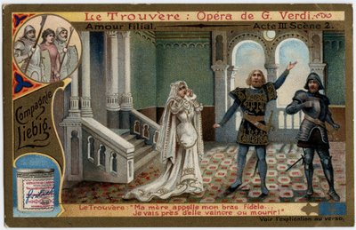 Love filial act III scene 2.Illustration til operaen "" The found"" (Il trovatore) af Giuseppe Verdi (1813-1901). Kromolitografi (Chromo) Liebig fra slutningen af 1800-tallet. af Unknown artist
