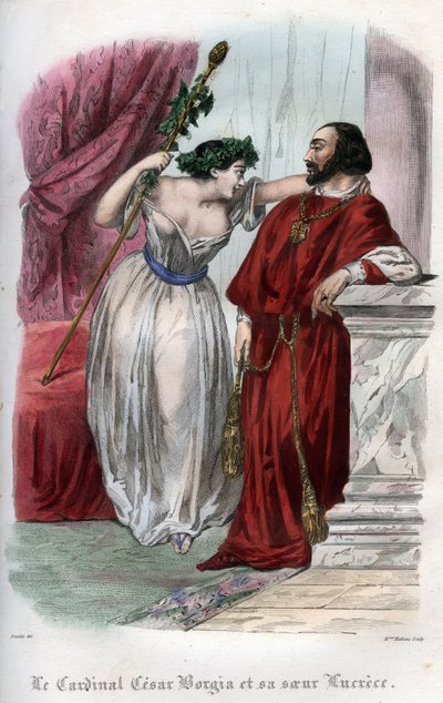 Lucrece Borgia (1480-1519) med sin bror Cesar Borgia. (Lucrezia og Cesare Borgia). Indgravering fra 1842 i "Histoire des popes: forbrydelser, mord, forgiftninger, parcider, ægteskabsbrud, incest... af Maurice Lachatre. Privat samling. af Unknown artist