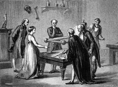 Luigi Galvani, professor i Bologna, opdagede i 1780 frøens musklers irritabilitet ved elektricitet. Indgravering af det 19. århundrede. af Unknown artist
