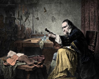 Luthier Stradivarius (Antonio Stradivari) (1644-1737) i sit værksted. Gravering af Hammann. Violindesigner Antonio Stradivari (Stradivarius) på arbejde. af Unknown artist