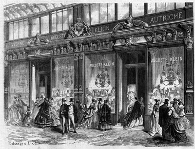 Luksus i Paris: Åbning af butikken på Auguste Klein Boulevard des Capucines. Indgravering i "The Illustrous Universe" af Unknown artist