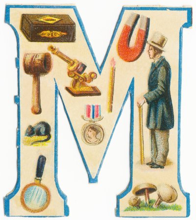 M: tændstikker, magnet, hammer, mikroskop, mus, medalje, mand, forstørrelsesglas, svampe (farve litho) af Unknown artist